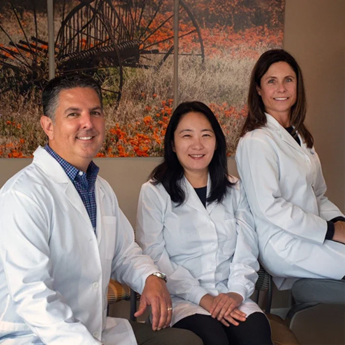 Dentist Vista CA Erich Schmidt Debra Edson Anna Hsu HP About v2 Drs. Erich Schmidt, Debra Edson, and Anna Hsu sitting in the lobby of El Camino Dental Arts